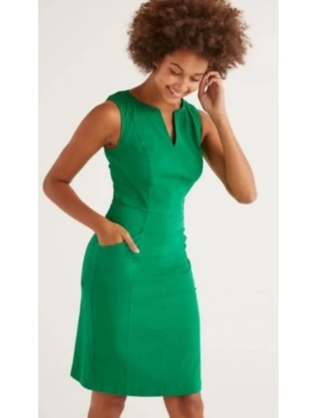 BODEN Helena Cotton Chino Sheath Dress Sz 8L Green Pockets Sleeveless Notch Neck
